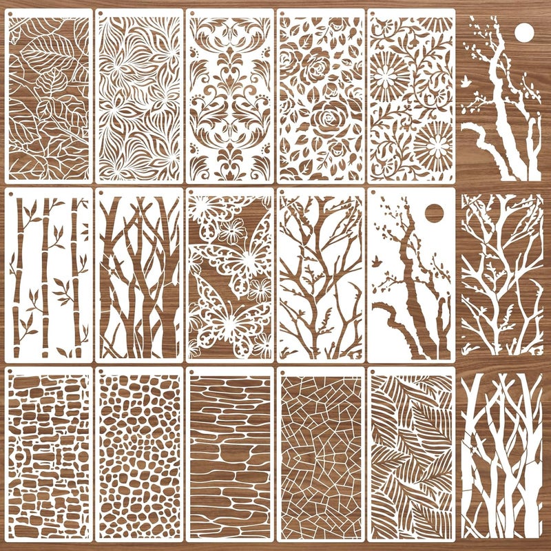 AFRITEE 15 Pack Border Stencil for Painting on Wood, 4x8 Inches Small Branch Floral Reusable Painting Templates for Wood Burning, Mandala Drawing Stencil Craft for Furniture Wall Interior Decoration - Image 1